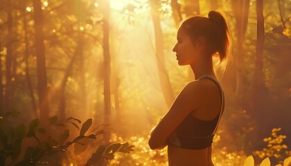 Healthy lifestyle fitness sporty woman early in forest area
