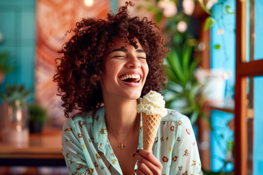 Free-spirited woman with afro, eating vegan ice-cream in eclectic interior design cafe, summer urban lifestyle