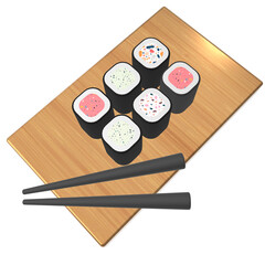 3D illustration of sushi and roll with chopsticks and soy sauce on a wooden table. 3D rendering of a cartoon Japanese food.