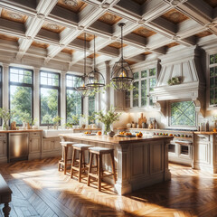 
a large kitchen with a center island and lots of windows, a digital rendering , shutterstock contest winner, arts and crafts movement, vray tracing, vray, rendered in unreal engine