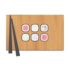 3D illustration of sushi and roll with chopsticks and soy sauce on a wooden table. 3D rendering of a cartoon Japanese food.