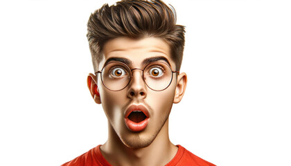 Shocked Young Man with Glasses in a red T-shrit
