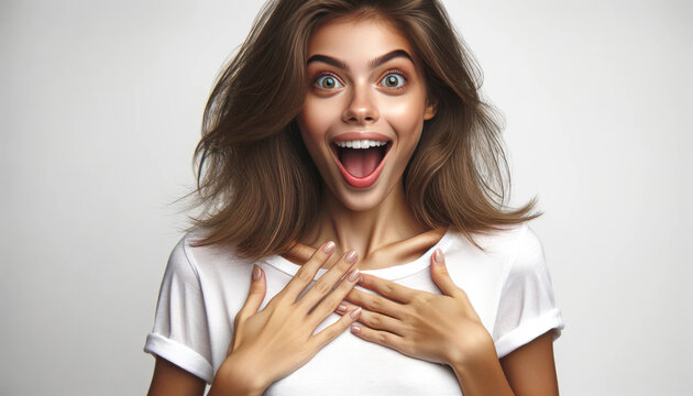 Surprised young woman in a white T-shrit - Happy mood and expression