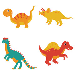 Collection of Adorable Dinosaurs Illustration. Cute Cartoon Design Style, Isolated On White Background.