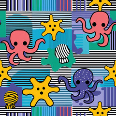 Octopus cartoon colorful pop art repeat pattern