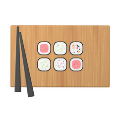 3D illustration of sushi and roll with chopsticks and soy sauce on a wooden table. 3D rendering of a cartoon Japanese food.