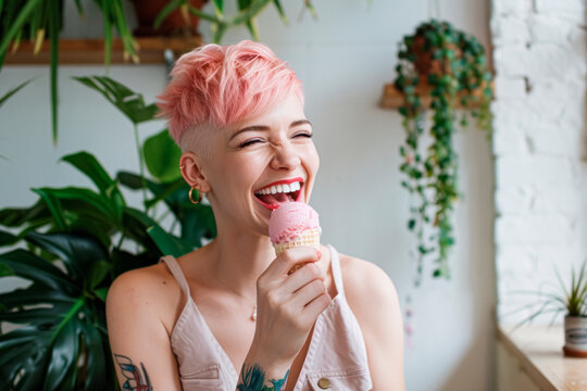 Eating ice-cream in her minimalistic interior