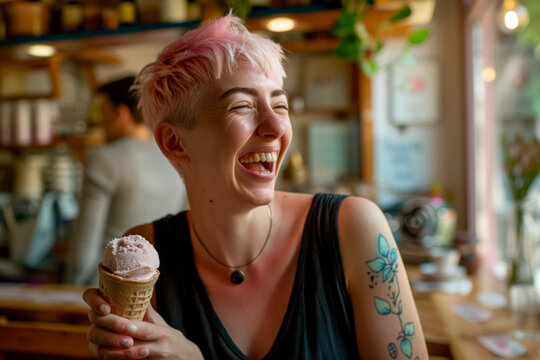 Woman with short pink hair, eating an ice-cream in a cafe decorated in wood and plants, modern urban lifestyle