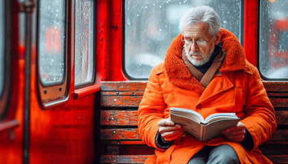 Old man in orange coat reads a book in a booth, sitting on a wooden bench