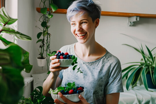 Expressive woman with short blue hair enjoys a bowl berries
