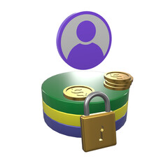 US dollar objects and padlocks with asterisks and exclamation marks on white background. Password protection Bank account security Prevent cyber theft or hackers. 3D Illustration.