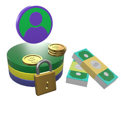 US dollar objects and padlocks with asterisks and exclamation marks on white background. Password protection Bank account security Prevent cyber theft or hackers. 3D Illustration.