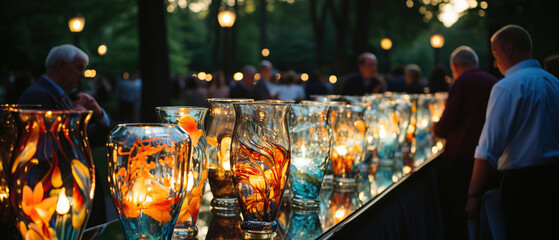 candles are lit on a long table with people standing around