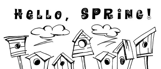 Spring hand drawn drawings with birdhouses on an isolated background.