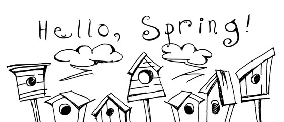 Spring hand drawn drawings with birdhouses on an isolated background.