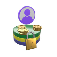 US dollar objects and padlocks with asterisks and exclamation marks on white background. Password protection Bank account security Prevent cyber theft or hackers. 3D Illustration.