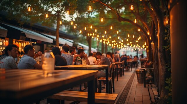 People enjoying music and beer at an outdoor street bar in Asia, bokeh effect