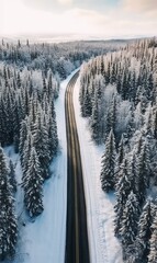 Overhead view of a road through a snow covered forest landscape