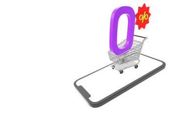 online shopping cart with shopping bags on a white background. Shopping Trolley. Grocery push cart. Minimalist concept, isolated cart. 3d render illustration,zero percent