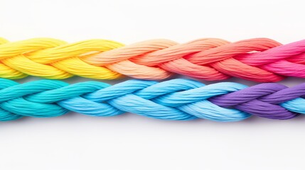 Colorful ropes braided together on white background. Symbol of unity, diversity, and teamwork.