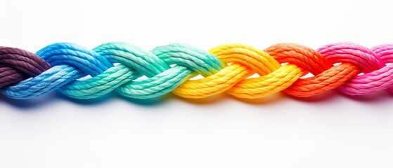 Colorful ropes braided together on white background. Symbol of unity, diversity, and teamwork.