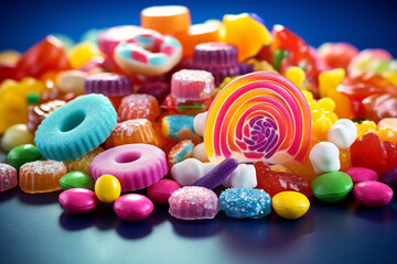Fototapeta na wymiar Food concept. Set of various and colorful candies and sweets background with copy space