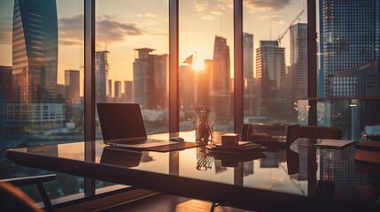 Morning sunlight and bokeh in a modern business office room with a view of the urban city skyline