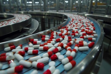 Obraz premium Tablets in the process of production and packaging at a modern pharmaceutical plant