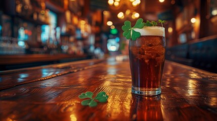 Green St. Patrick's Day shamrocks with a full cold frosty glass of beer on a rustic background in a bar - obrazy, fototapety, plakaty
