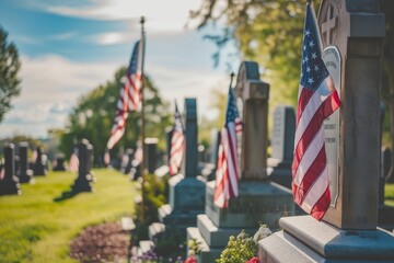 US national flags and gravestones at the National Cemetery