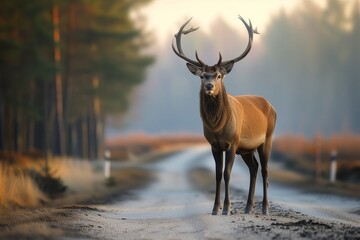 western bull elk stands on a paved road