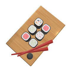 3D illustration of sushi and roll with chopsticks and soy sauce on a wooden table. 3D rendering of a cartoon Japanese food.