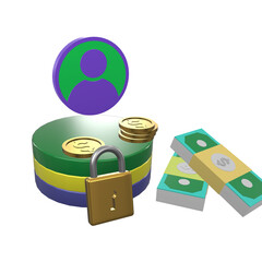 US dollar objects and padlocks with asterisks and exclamation marks on white background. Password protection Bank account security Prevent cyber theft or hackers. 3D Illustration.