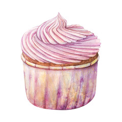 Cupcake muffin cream watercolor drawing fruit in nice paper. Cake bakery tasty dessert illustration. Birthday celebration pastry aquarelle picture isolated on white background