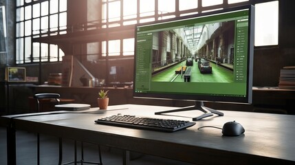 Fototapeta premium Modern all-in-one computer with nature screen in eco-friendly loft office