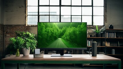 Modern all-in-one computer with nature screen in eco-friendly loft office