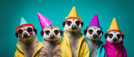 Fototapeta premium Meerkat Party: A Creative Animal Concept with Bright Outfits and hats