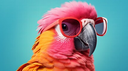 Surreal portrait of a parrot wearing sunglasses on a pastel background