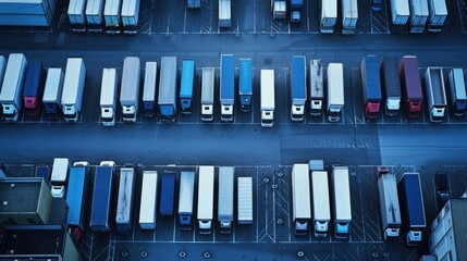 Aerial Shot of Industrial Warehouse Loading Dock where Many Truck with Semi Trailers Load Merchandise