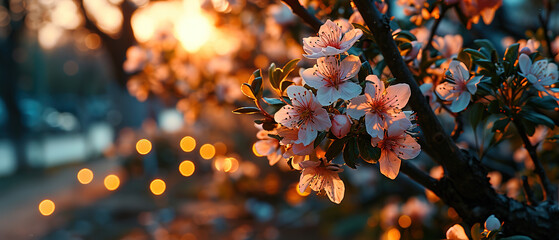 a tree with flowers that are blooming in the evening - obrazy, fototapety, plakaty
