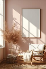 Blank frame for mockup, frame hanging on a wall, boho modern style.