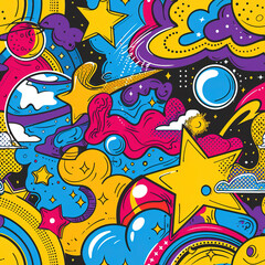 Fototapeta premium Space and planets colorful minimal cartoon pop art repeat pattern