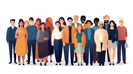 Multicultural group of smiling people from different continents and ethnicities standing together in unity. Vector illustration of human social diversity and inclusion. - obrazy, fototapety, plakaty