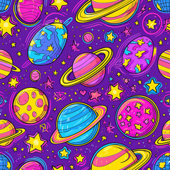Naklejka premium Space and planets colorful minimal cartoon pop art repeat pattern