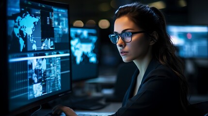 Focused female software engineer analyzes data server and blockchain network in state-of-the-art monitoring control room with IT team and digital screens