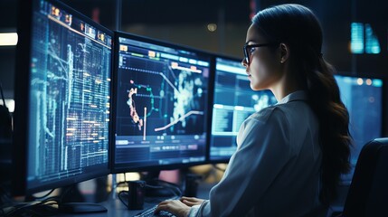 Focused female software engineer analyzes data server and blockchain network in state-of-the-art monitoring control room with IT team and digital screens