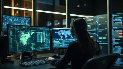 Fototapeta na wymiar Focused female software engineer analyzes data server and blockchain network in state-of-the-art monitoring control room with IT team and digital screens