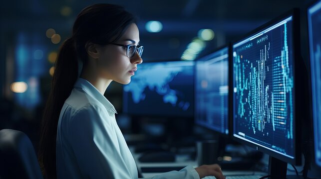 Focused female software engineer analyzes data server and blockchain network in state-of-the-art monitoring control room with IT team and digital screens