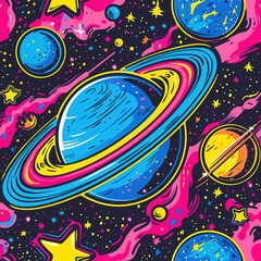 Space and planets colorful minimal cartoon pop art repeat pattern