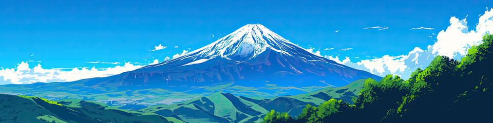 Fototapeta premium Mt Fuji, Mount Fujis landscape in Japan, Japanese famous tourism travel destination, cartoon anime style illustration landscapes background, generated ai